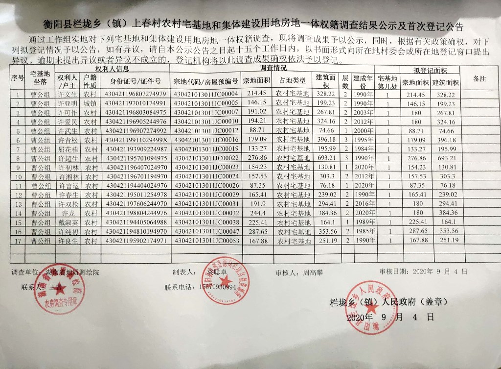 村农村宅基地和集体建设用地房地一体权籍调查结果公示及首次登记公告